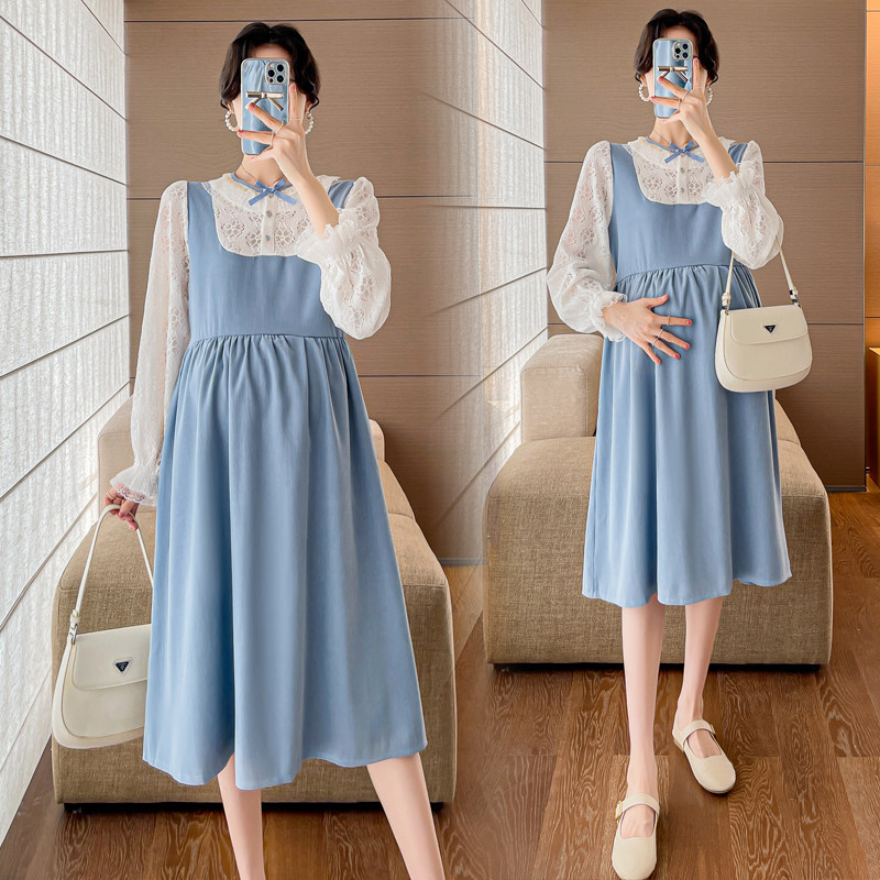 2023秋季新品孕妇装蕾丝拚接撞色假两件时尚气质中长款长袖连衣裙