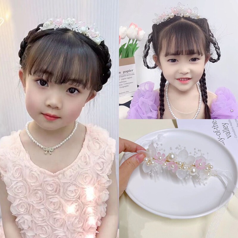 韩版手工花朵珠珠飘带花环编发丝带精致公主发饰气质女童网纱发带
