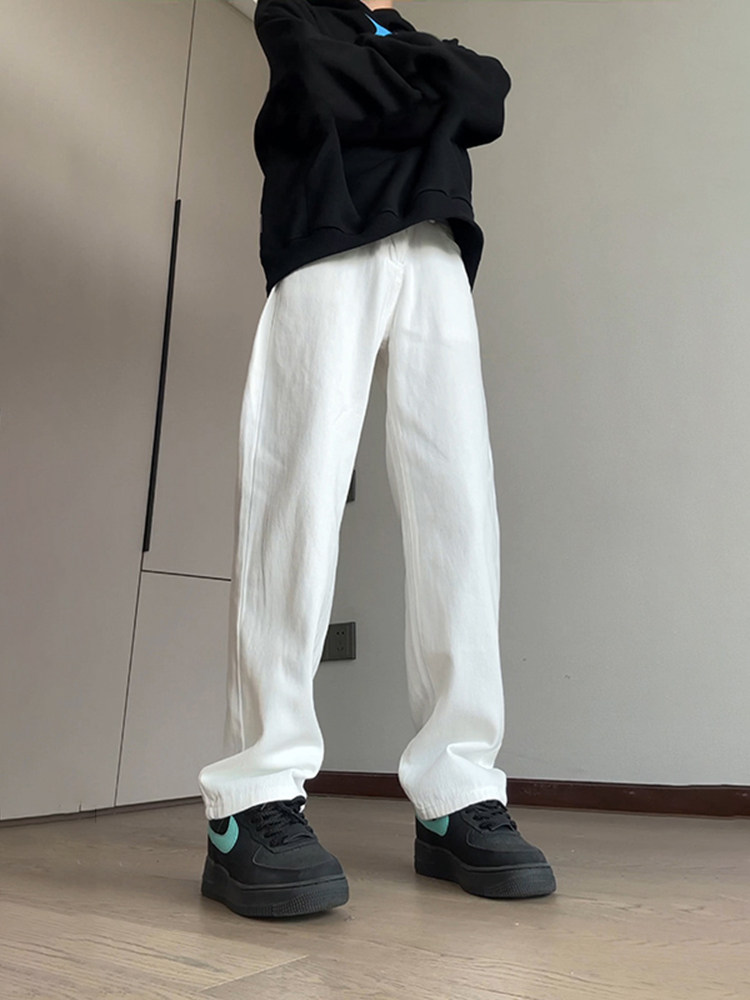 아메리칸 화이트 청바지 남성 가을 겨울 OOTD 착용 클린핏 바지 플러스 벨벳 작업복 와이드 레그 스트레이트 팬츠