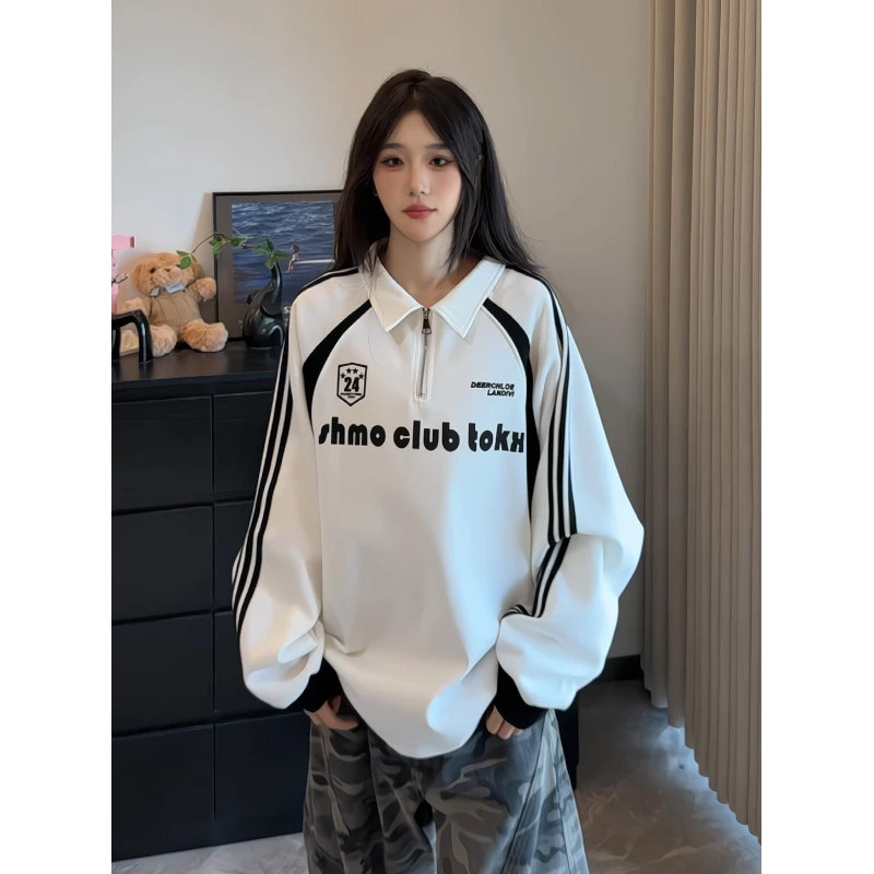 美式半拉链POLO衫卫衣男女款秋季落肩袖翻领拼接长袖t恤情侣外套