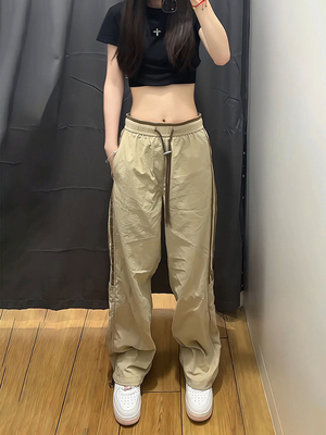 卡其色条纹裤子女夏季薄款小个子速干工装裤冰丝高腰垂感运动长裤