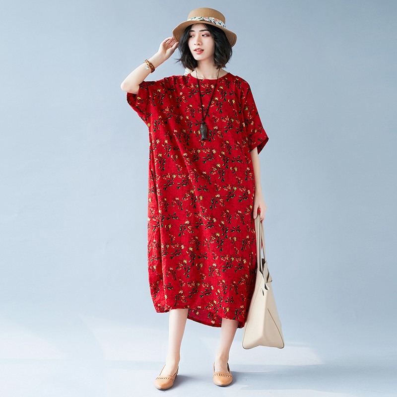 胖人服饰特大号新款文艺长裙短袖圆领显瘦碎花连衣裙女裙子大码