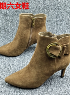 3436码正品撤柜处理真皮女短靴尖头细高跟金属扣侧拉链通勤时装靴