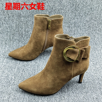 3436码正品撤柜处理真皮女短靴尖头细高跟金属扣侧拉链通勤时装靴