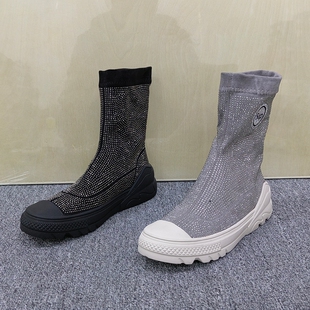 撤柜清仓处理秋季 饰圆头厚底针织套筒袜靴女瘦瘦靴弹力短靴 水钻装