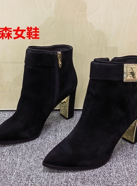 38码撤柜清仓尖头粗跟短靴女秋冬真皮金属扣装饰通勤女靴时装靴潮