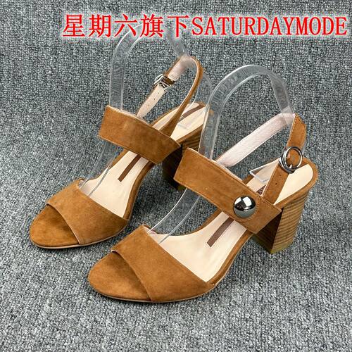 37码品牌撤柜断码处理夏季真皮一字扣带露趾粗跟高跟凉鞋女百搭鞋
