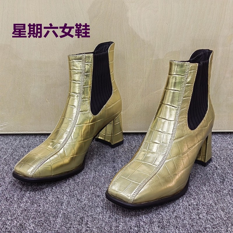 正品瑕疵清仓处理秋冬季方头粗跟切尔西短靴女真皮套脚百搭时装靴