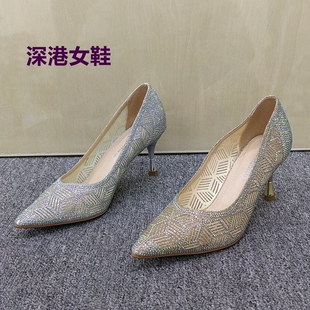 瑕疵清仓断码处理水钻尖头浅口单鞋女细高跟闪亮宴会鞋时尚水晶鞋