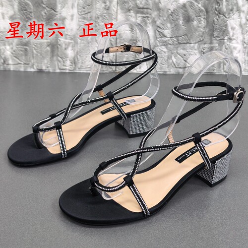 品牌断码撤柜性感风女鞋粗跟烫钻夹趾绑带凉鞋夏季一字扣带高跟鞋
