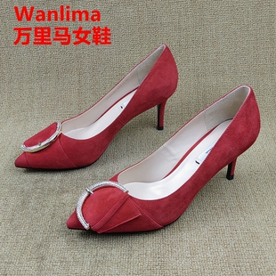 Wanlima/万里马品牌处理春季新款尖头细跟高跟浅口套脚时尚女单鞋