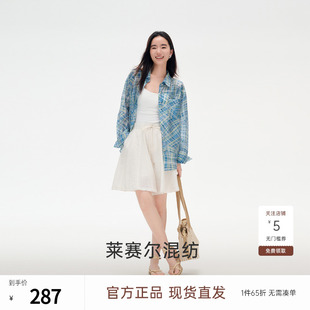 小翻领时尚 飞鸟和新酒落肩袖 新款 格纹衬衫 天丝上衣 女宽松2025夏季