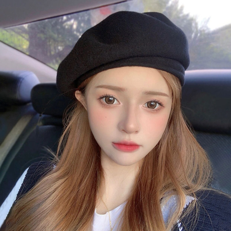 显脸小毛呢贝雷帽女秋冬帽子新款2022网红复古百搭蓓蕾画家帽黑色