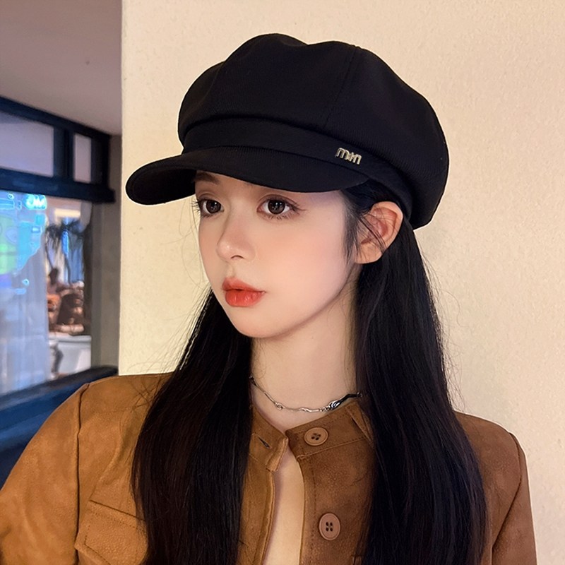贝雷帽女士四季新款韩版显脸小鸭舌八角帽大头围覆古黑色百搭帽子