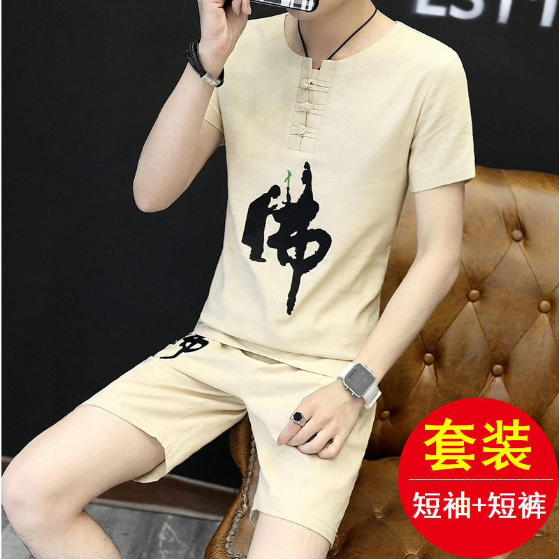 中国风亚麻短裤套装男夏季休闲薄款5分裤短袖t恤男两件套棉麻衣服|ruв категории Мужская одежда, брюки - от Buy2taobao.com для оказания профессиональной услуги покупки агента Taobao