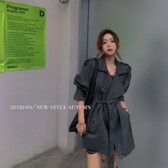 Real shooting autumn new mid long triangle buckle lace up style windbreaker coat