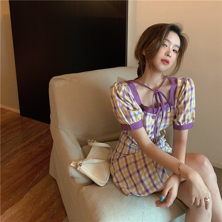 Real shot vintage style chicken heart Plaid lace up waist show thin Plaid Dress