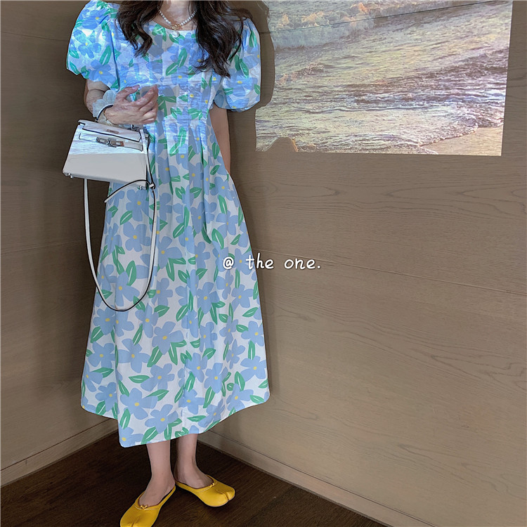 Real shot of Korean retro custom flower bubble sleeve medium length dress