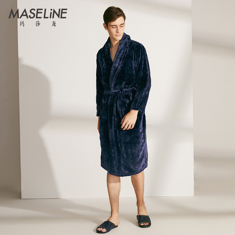 玛莎龙【珊瑚绒】睡袍男冬季中年爸爸法兰绒睡衣加厚中长款浴袍