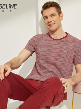玛莎龙【丝光纯棉】睡衣男士夏季家居服红色条纹短袖长裤送爸爸
