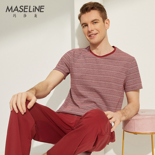 玛莎龙【丝光纯棉】睡衣男士夏季家居服红色条纹短袖长裤送爸爸