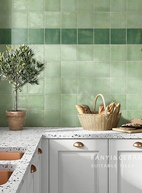 法式绿色渐变小方砖厕所卫生间咖啡店瓷砖酒店阳台厨房店铺墙砖