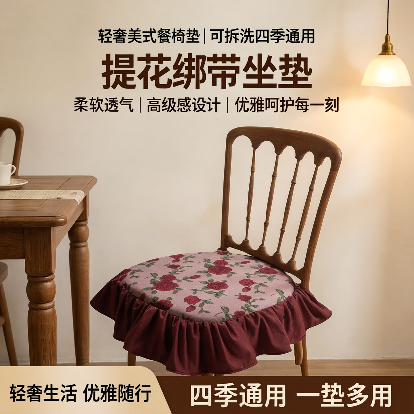 美式餐椅垫轻奢家用椅子垫子坐垫可拆洗薄款四季通用提花绑带坐垫