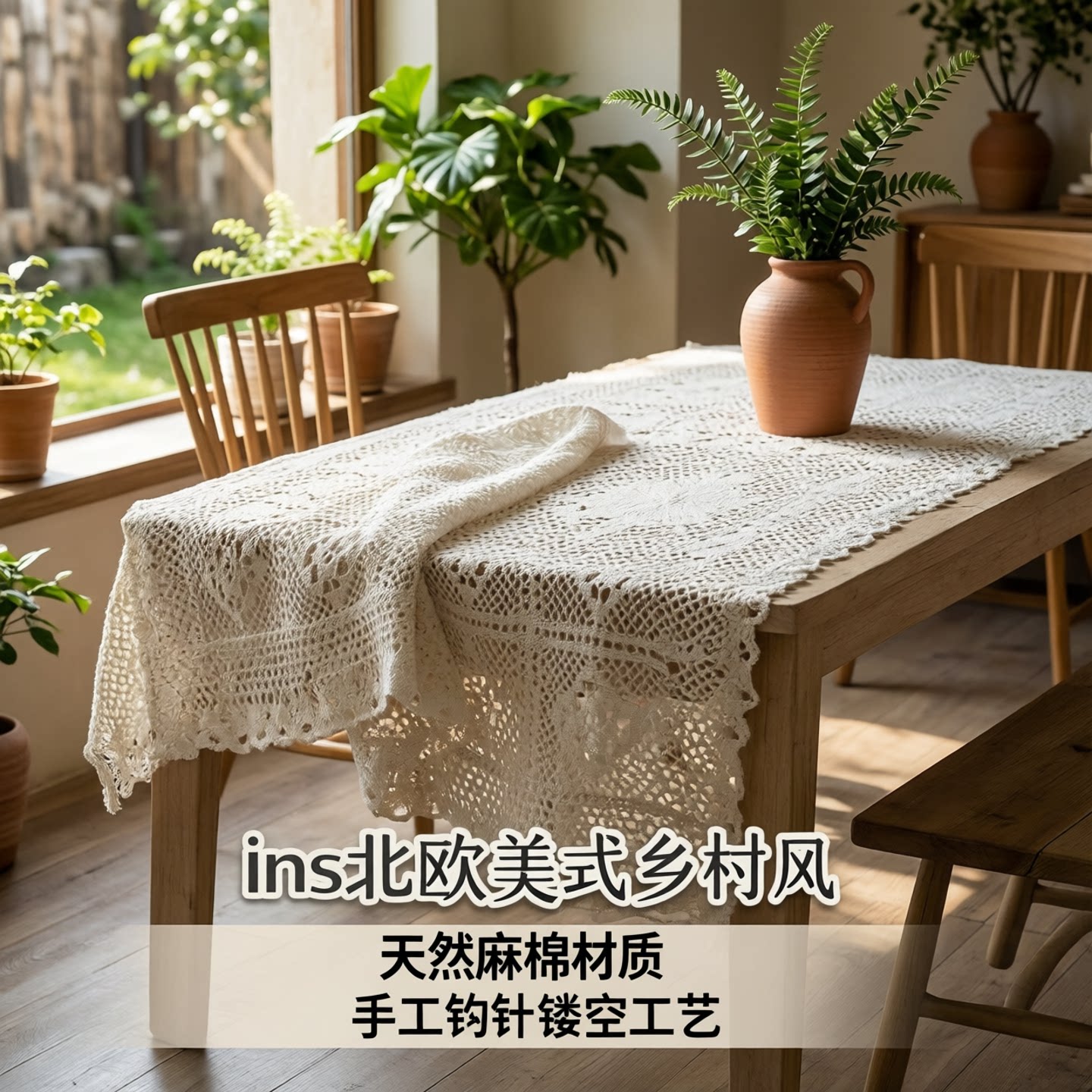 ins北欧美式乡村针织白色钩针桌布镂空麻棉桌布茶几餐桌台布盖巾