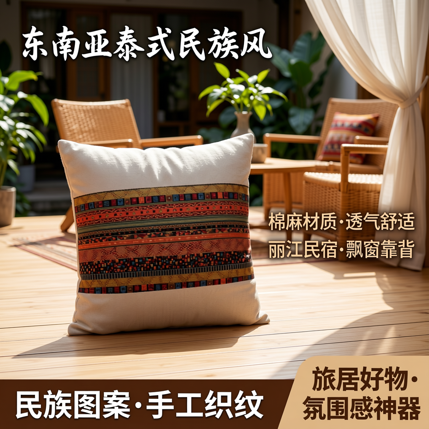 东南亚泰式民族风条纹棉麻抱枕沙发靠垫丽江民宿客栈飘窗靠背靠枕