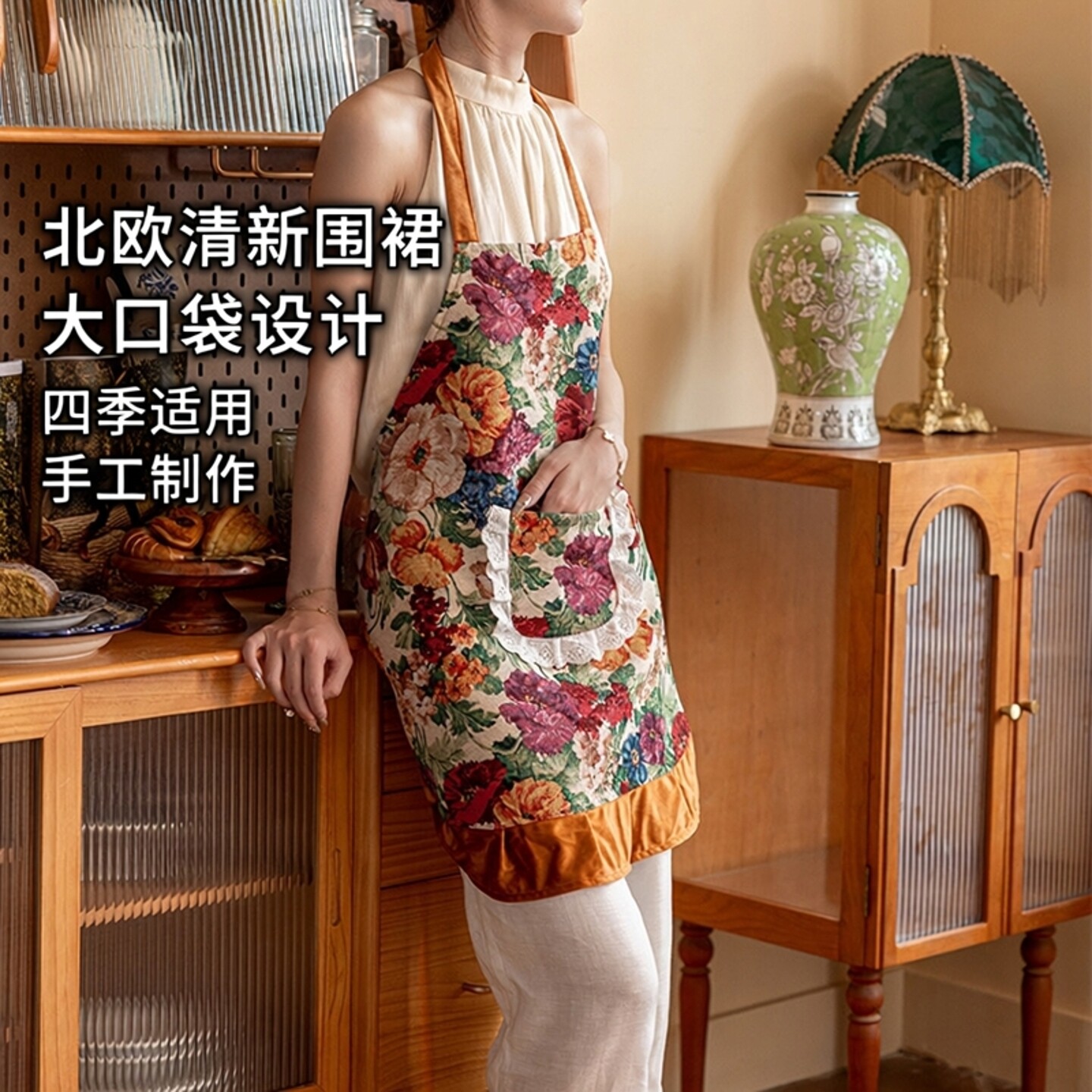 北欧清新条纹纯棉吊带围裙厨房围裙咖啡厅印花围裙法式轻奢时尚