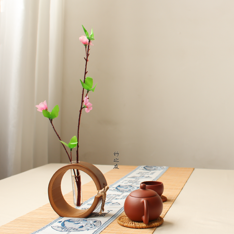 古风小花瓶小瓶口中式复古创意茶台桌面摆件竹制插花干花水培花器