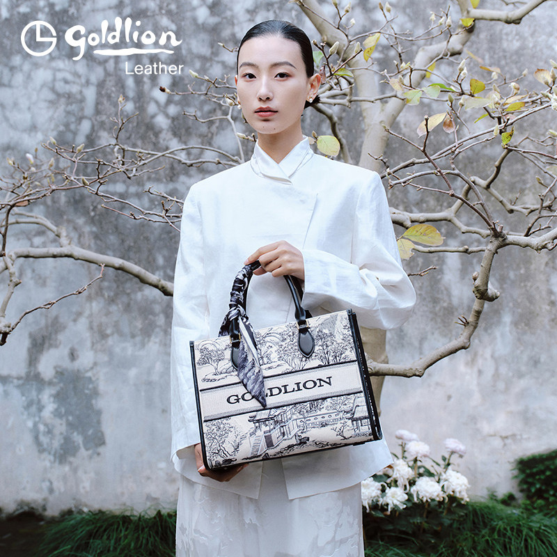 金利来商场同款2025新款女包水墨刺绣圆明园单肩包丝巾轻奢手提包