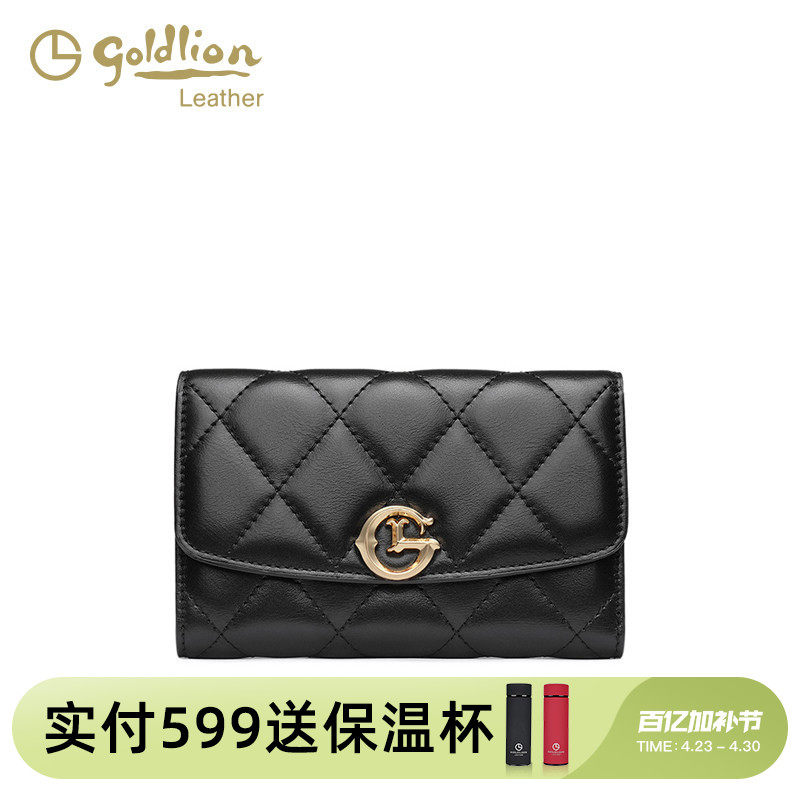 金利来小香风女包短款钱包真皮轻奢新款时尚百搭黑色折叠卡包牛皮