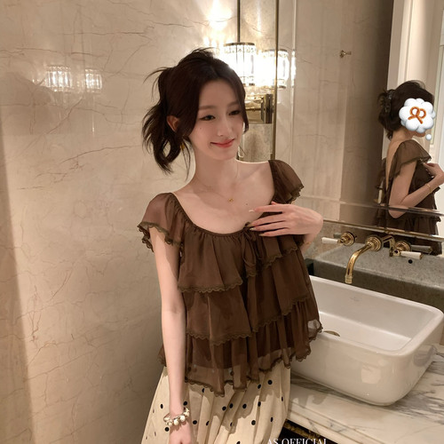 AS OFFICIAL-26夏上新古早甜妹小飞袖蕾丝边轻纱小衫28012
