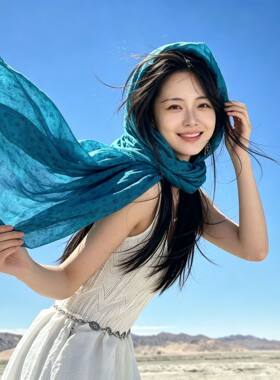 湖蓝色丝巾薄款新疆西藏旅游拍照披肩外搭女2026新款头巾纱巾围巾