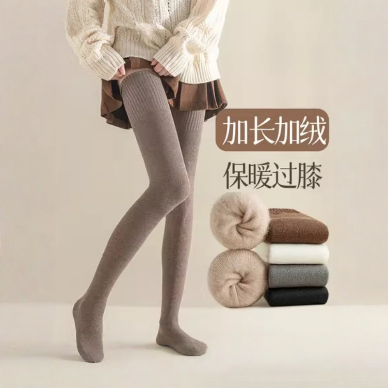 加绒过膝袜子女秋冬款棉袜加厚保暖长筒袜冬季纯色大腿袜高筒长袜