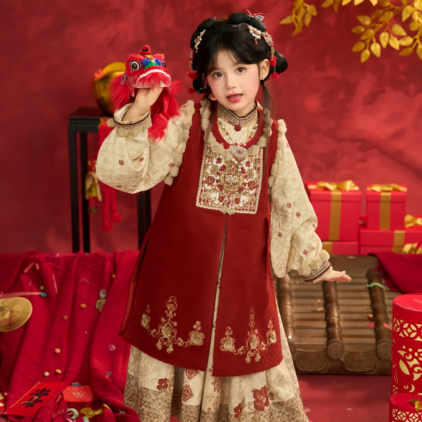 汉服女童拜年服丹卉宝相国风冬季明制刺绣比甲连衣裙长马甲套装