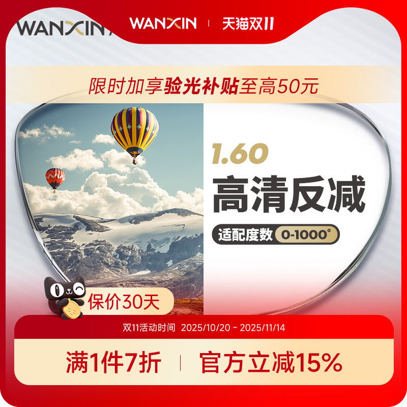 万新1.60超薄非球面镜片 防紫外线绿膜眼镜片树脂近视镜片2片