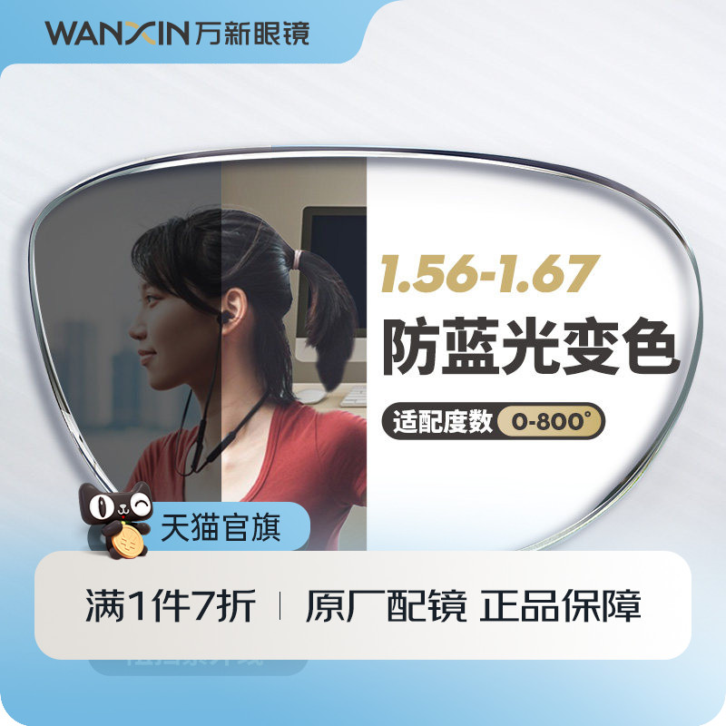 万新防蓝光变色镜片自动感光变灰非球面1.67超薄近视眼镜官方旗舰