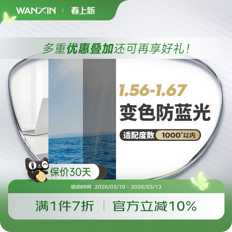 万新防蓝光变色近视镜片自动感光变色抗紫外线辐射可配无度数眼镜