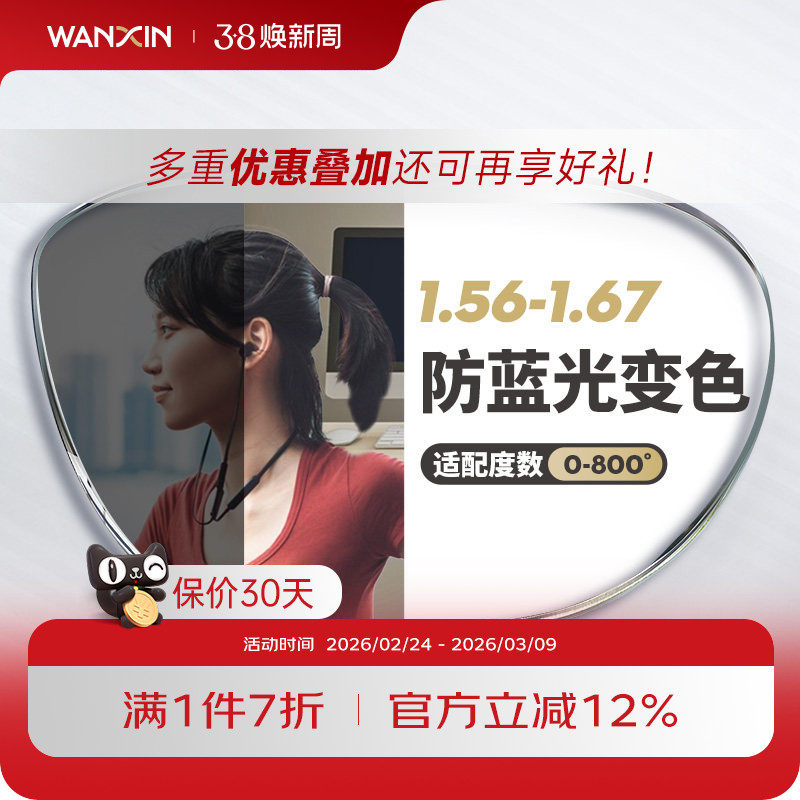 万新防蓝光变色镜片自动感光变灰非球面1.67超薄近视眼镜官方旗舰