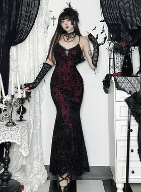 X25218植绒吊带连衣裙 亚文化秋季新款个性接头暗黑修身长裙