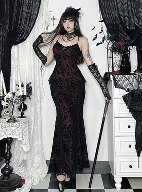 CF25217秋季新款十字架植绒流苏连衣裙 亚文化修身百搭暗黑长裙