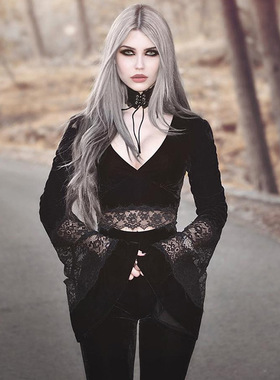 92313夏季性感透视露脐长袖打底衫 欧美气质蕾丝拼接喇叭袖上衣女