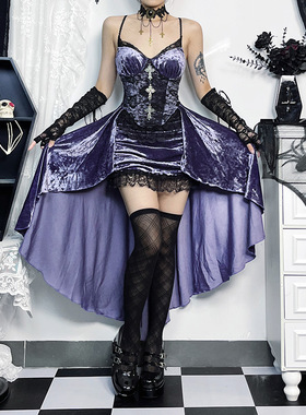 CF23580夏季新款 暗黑风时尚气质性感修身紫色吊带拖尾连衣裙女装
