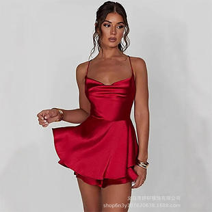 2025夏季亚马逊欧美爆款性感百褶女士吊带连衣裙露背抽绳抹胸色丁