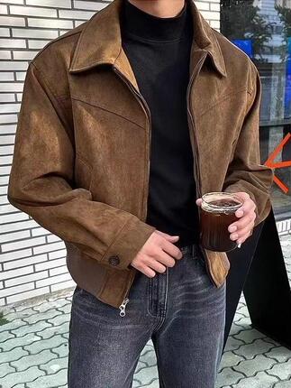 Autumn and Winter Korean Men's Short Loose Lapel Thickened Zipper Suede Flight Jacket Hong Kong Style Trendy Coat