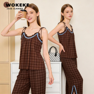 法式拼接复古格子睡衣女夏季吊带长裤2026新款甜美慵懒套装可外穿