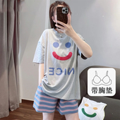 休闲宽松可外穿家居服套装 带胸垫可爱笑脸睡衣女夏季 套装 短裤 短袖