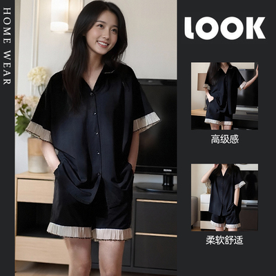 黑色翻领开衫短袖短裤家居服套装
